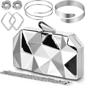 SILVER 5 Pc Clutch Purse for Women Evening Prom Metallic Clutch W/ Jewelry Set